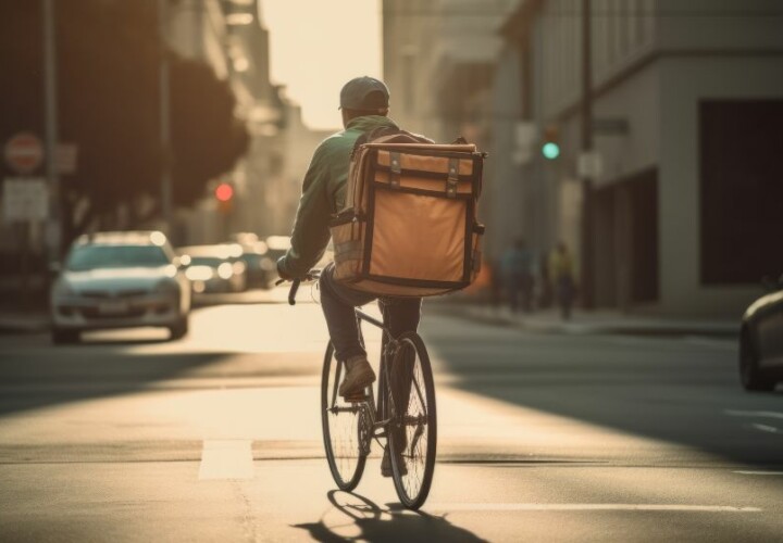 lone worker on a bike cycling on a busy road