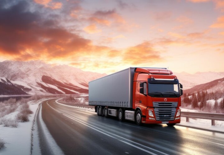 lorry driving on snowy road/terrain